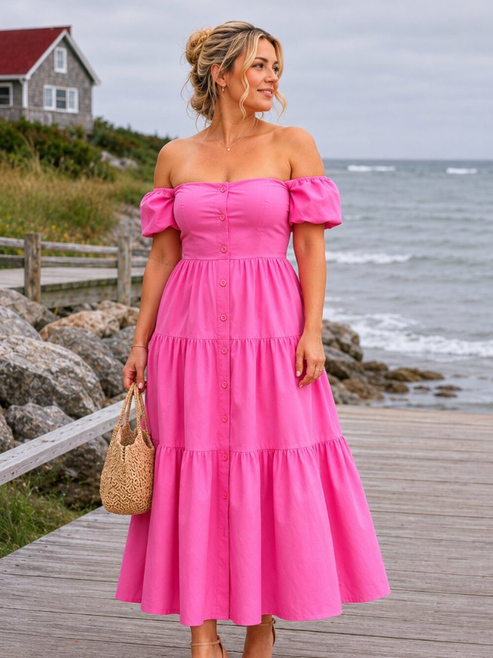 STAUD Elio Midi Dress Plumeria Pink Off Shoulder Smocked Cotton Size 12 Sundress